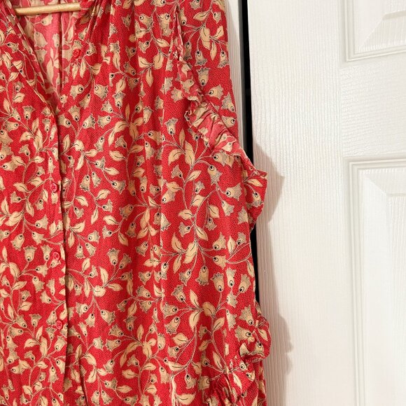 Who What Wear Red Floral High Neck Blouse Ruffle Trim Women’s Size Medium EUC - Picture 3 of 7